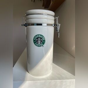 Starbucks White Ceramic Coffee Canister with Green Logo and Clamp Lid